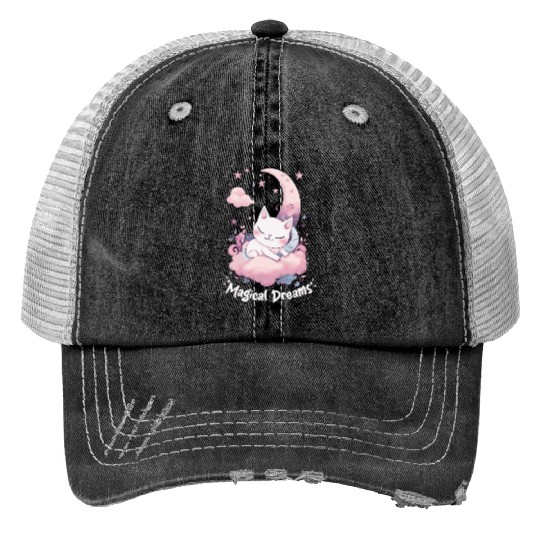 Magical Dreams Sleeping Cat Unicorns Pastel Moon S Print Trucker Hats