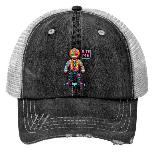 Cyberpunk Gingerbread Man Neon 'Bite Me' Christmas Print Trucker Hats