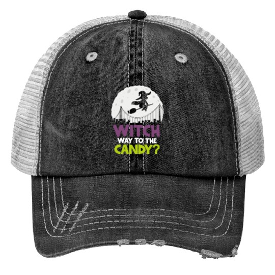 Witch Way To The Candy Halloween Print Trucker Hats