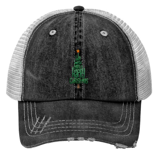 Happy Xmas Tree Print Trucker Hats