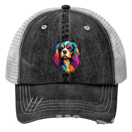 Watercolor Colorful Cavalier King Charles Spaniel Print Trucker Hats