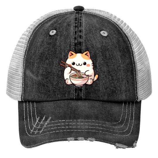 Neko Cat Eating Ramen Noodles Anime Print Trucker Hats