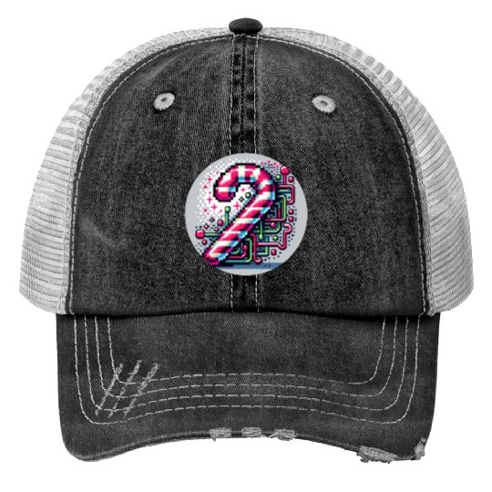 Neon Cyberpunk Candy Cane 8-Bit Pixel Christmas Print Trucker Hats
