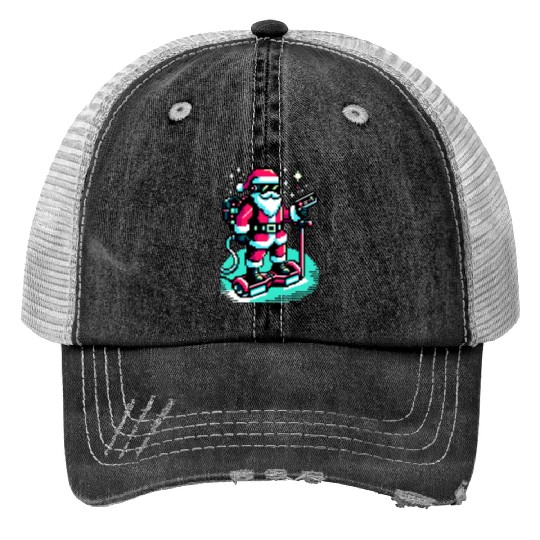 Witty 8-Bit Cyberpunk Santa Print Trucker Hats