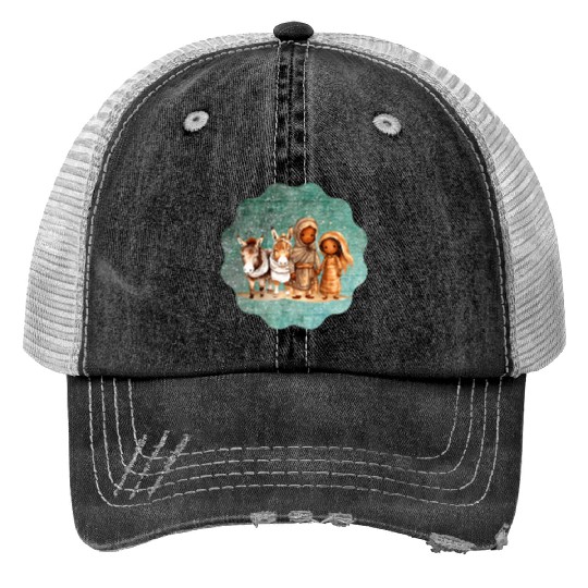 Christmas Nativity Scene Shepherds and Sheep Print Trucker Hats
