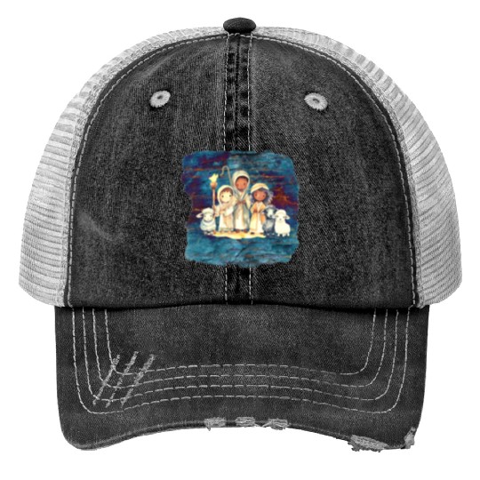 Christmas Nativity Scene Shepherds and Sheep Print Trucker Hats