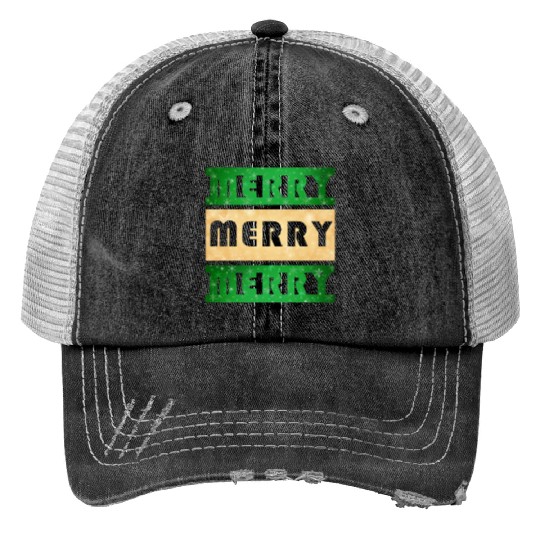 Merry Merry Merry Green and Gold Print Trucker Hats