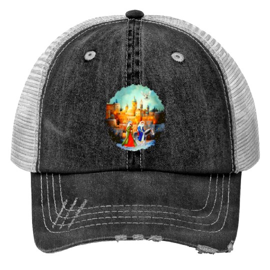Mary and Joseph in Bethlehem with donkey Print Trucker Hats