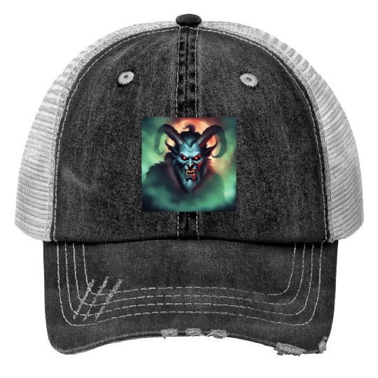 Krampus in Green Fog Print Trucker Hats