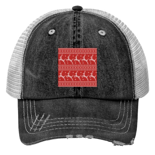 Red Ugly Sweater Christmas Flying Reindeer Print Trucker Hats