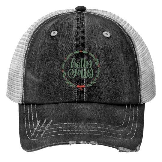 Holly Jolly Sage Green Christmas Wreath Fun Print Trucker Hats