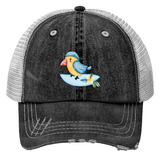 Surfing Bird Watercolor Print Trucker Hats