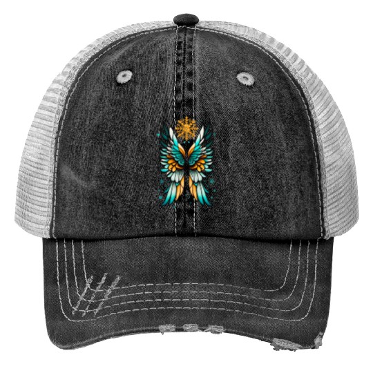 Angel Wings Embracing Snowflakes Print Trucker Hats