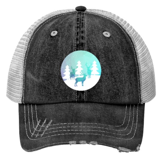 Deer Winter Forrest Print Trucker Hats