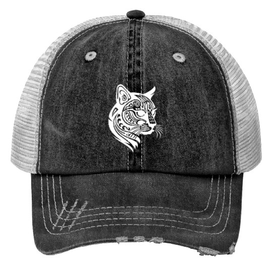 Cat Tattoo Artistry Unleashed in White Print Trucker Hats