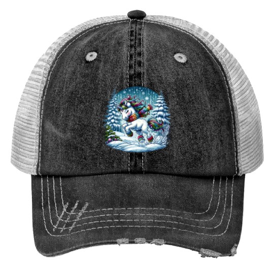Unicorn in a Winter Wonderland Print Trucker Hats