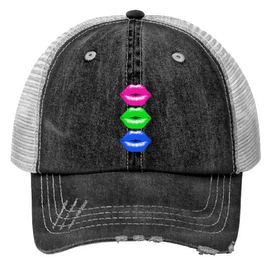 3 Kissing Lips Neon Colors Print Trucker Hats
