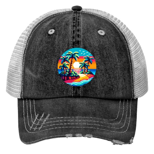 Pixel Palms: Tropical Serenity Print Trucker Hats