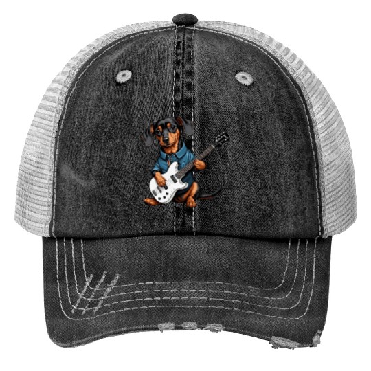 Music PawsCool Dachshund Jamming on Guitar Print Trucker Hats
