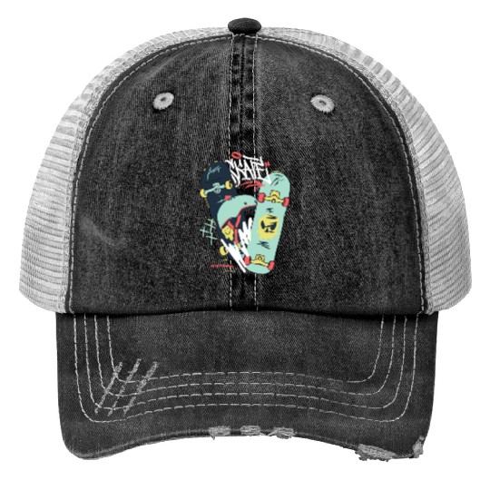Black Light Green Modern Illustrated Skateboard Print Trucker Hats