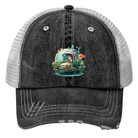A delightful kawaii book submarine exploring Print Trucker Hats