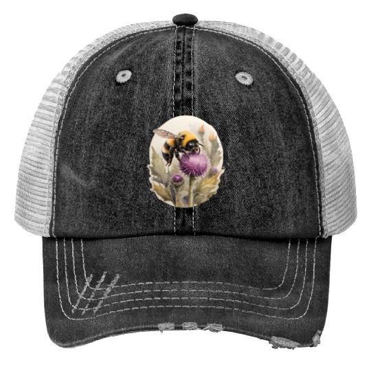 Bumblebee on thistle watercolor Print Trucker Hats