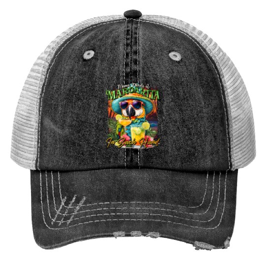 Balanced Diet is A Margarita in Eachs Hands Parrot Print Trucker Hats