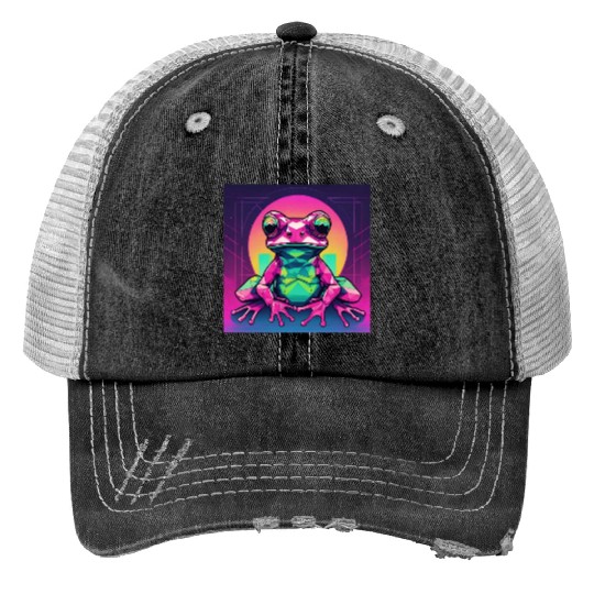 Geometric Synthwave Frog Print Trucker Hats