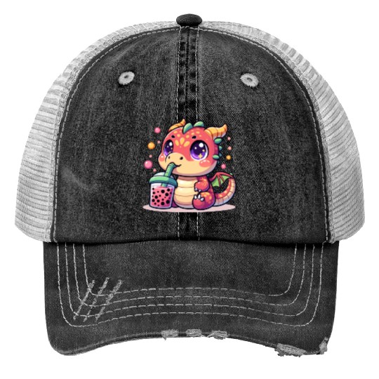 Boba Tea Dragon Kawaii Print Trucker Hats