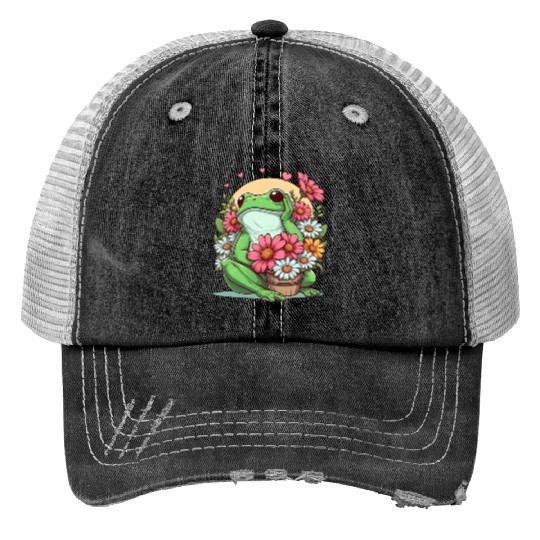 Frog flowers sunset Print Trucker Hats