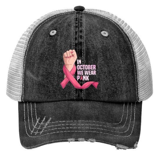 In October We Wear K Breast Cancer Awareness Month Print Trucker Hats