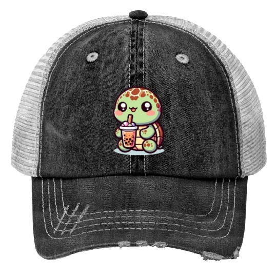 Kawaii Turtle Bubble Tea Lover Cute Sea Turtle Print Trucker Hats