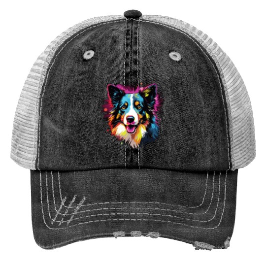 Watercolor Colorful Border Collie Print Trucker Hats