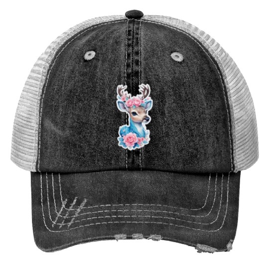 cute deer blue blossom pink rose Print Trucker Hats