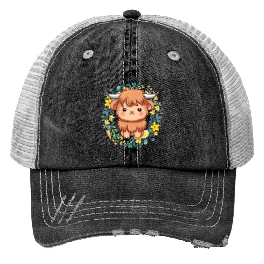 Cute Baby Highland Cow With flowers Calf Animal Print Trucker Hats