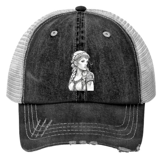 Viking female hairstyles grayscale Print Trucker Hats