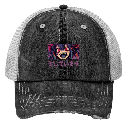 Creepy Anime Girl Yandere Gothic Harajuku Japanese Print Trucker Hats