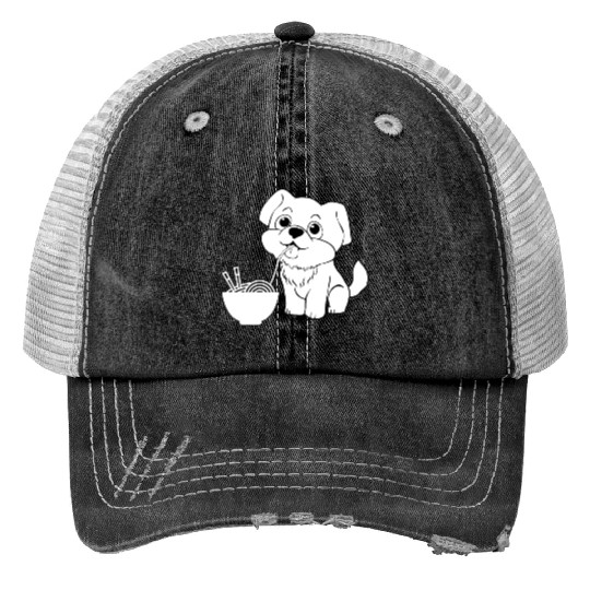 Cute Dog Eating Ramen Print Trucker Hats