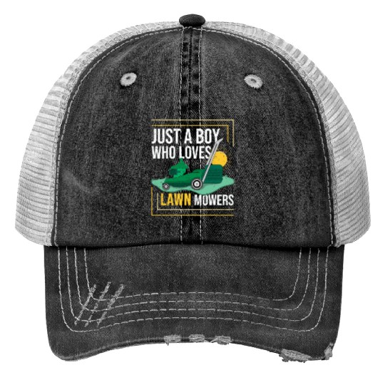 Just A Boy Who Loves Lawn Mowers Cool Mower Racing Print Trucker Hats
