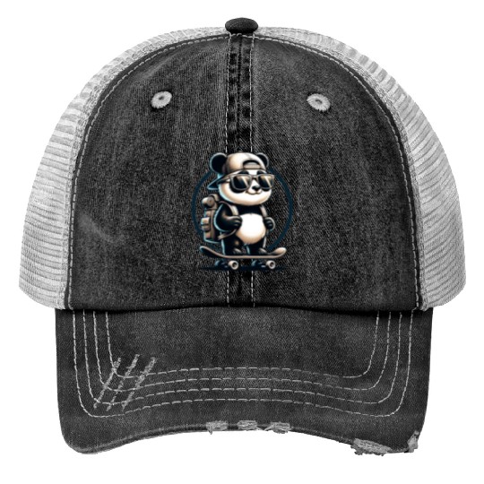 Panda on Skateboard Print Trucker Hats