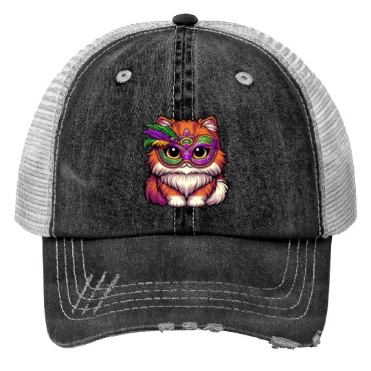 Mardi Gras Persian Cat, Dressed-up Cat Print Trucker Hats