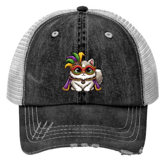 Mardi Gras Persian Cat, Masked Cat Costume Print Trucker Hats