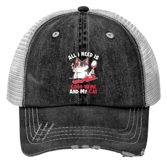 Good Wine and my Cat Cat Mom Cat Lovers Cat Daddy Print Trucker Hats