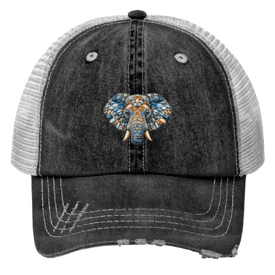 Serene Azure Elephant Pebble Art Portrait Print Trucker Hats