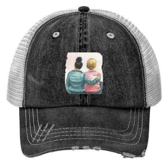 Watercolor Lesbian Couple Print Trucker Hats