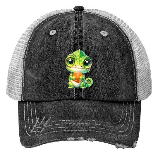 Chameleon Holding 20-sided Dice Print Trucker Hats