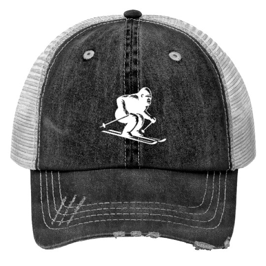 Monkey Gorilla Chimpanzee Ski Silhouette Design Print Trucker Hats