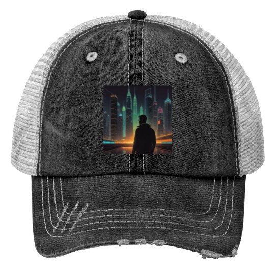 Neon Horizon: A Futuristic Cityscape Print Trucker Hats