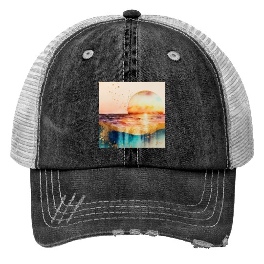 Sunset Beach Watercolor Painting Print Trucker Hats