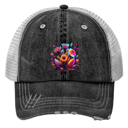 Cyberpunk Neon Glow FlowersDesign Print Trucker Hats
